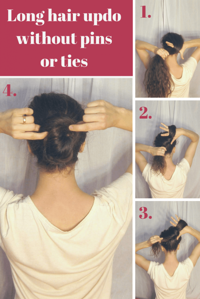 This updo works without any ties, pins or hair sticks. But you need to have really long hair for it! Check out the step by step guide to this updo and find out if your hair is long enough already!