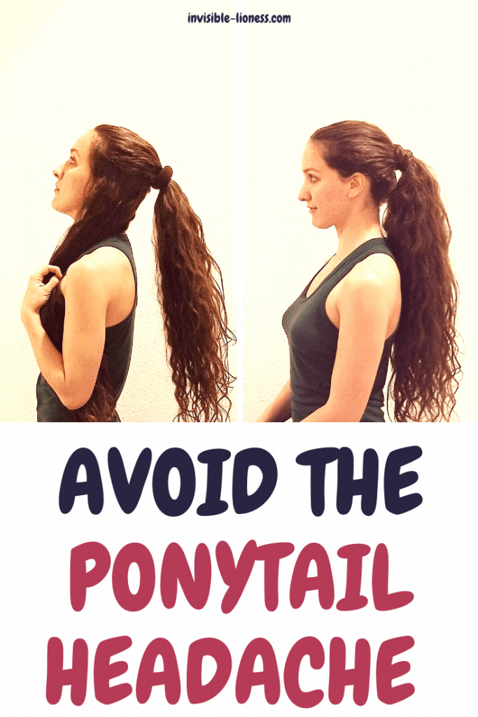 First image showing the "Half-up ponytail" with only half the hair, second image showing the combined ponytail, distributing the weight of the hair better to avoid the long hair headache