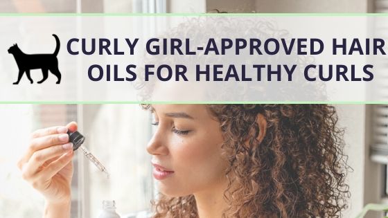 Image of a curly woman, the text "Curly girl-approved hair oils for healthy curls" written across