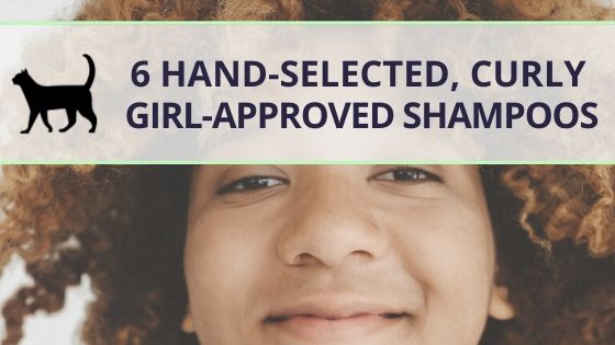 Text overlay "6 hand-selected, curly girl-approved shampoos" over a curly haired woman
