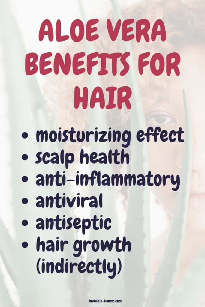 List of the benefits of aloe vera for hair: moisturizing effect, scalp health, anti-inflammatory, antiviral, antiseptic, hair growth (indirectly)